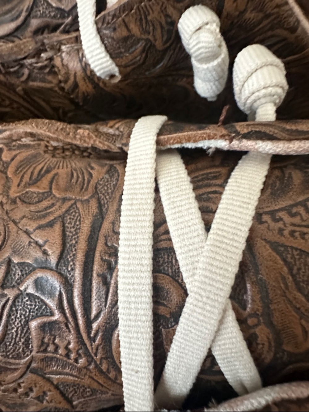 Ariat Brown Tooled Floral Leather Slip-On Flats with Cream Laces - Picture 3 of 5